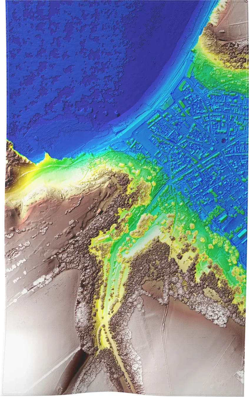 Lidar 04 towel showing the Étretat landscape in topographic colours.